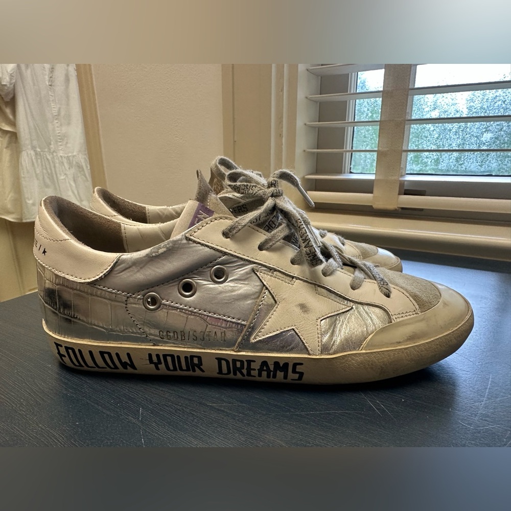 Golden Goose Silver and White Sneakers